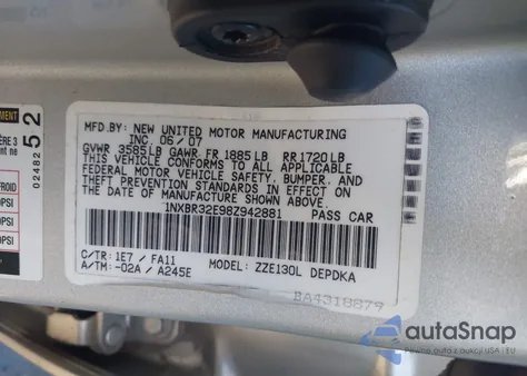 2008 Toyota Corolla Ce from USA, damaged, VIN 1NXBR32E98Z942881